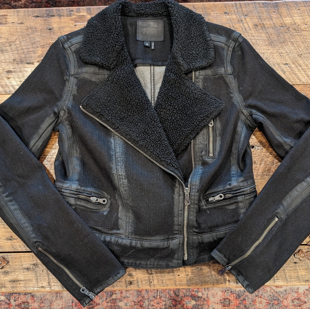 PAIGE Jean Jacket Sydney Women's Small Moto Sherpa Coated Black Stretch Denim - Picture 4 of 16